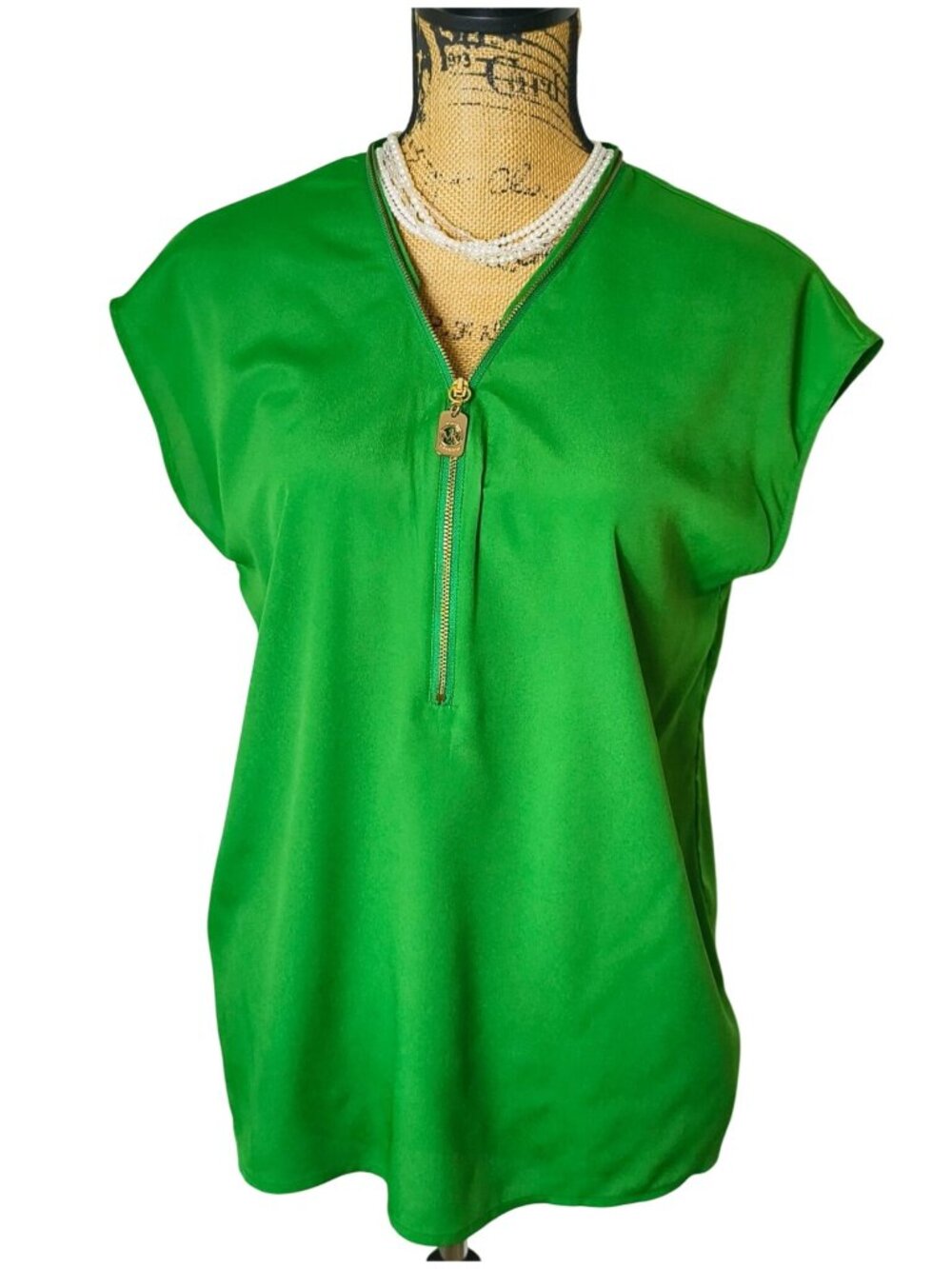 Michael Kors Womens M Blouse Kelly Green Zip-Front Cap Slv Elegant Designer Styl